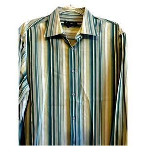 90s Y2K Green Striped Shirt Mens 2XL Button Long Sleeve Dress Classic Retro Club